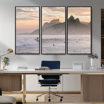 70644906-MGV-CV-36X24-Sunset Surfing Wall Art Canvas Print, Framed Misty Mountains Art Picture Print, Surfer Riding Wave Perfect Coastal Adventure Decor