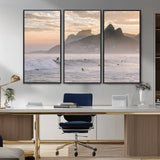 70644906-MGV-CV-36X24-Sunset Surfing Wall Art Canvas Print, Framed Misty Mountains Art Picture Print, Surfer Riding Wave Perfect Coastal Adventure Decor