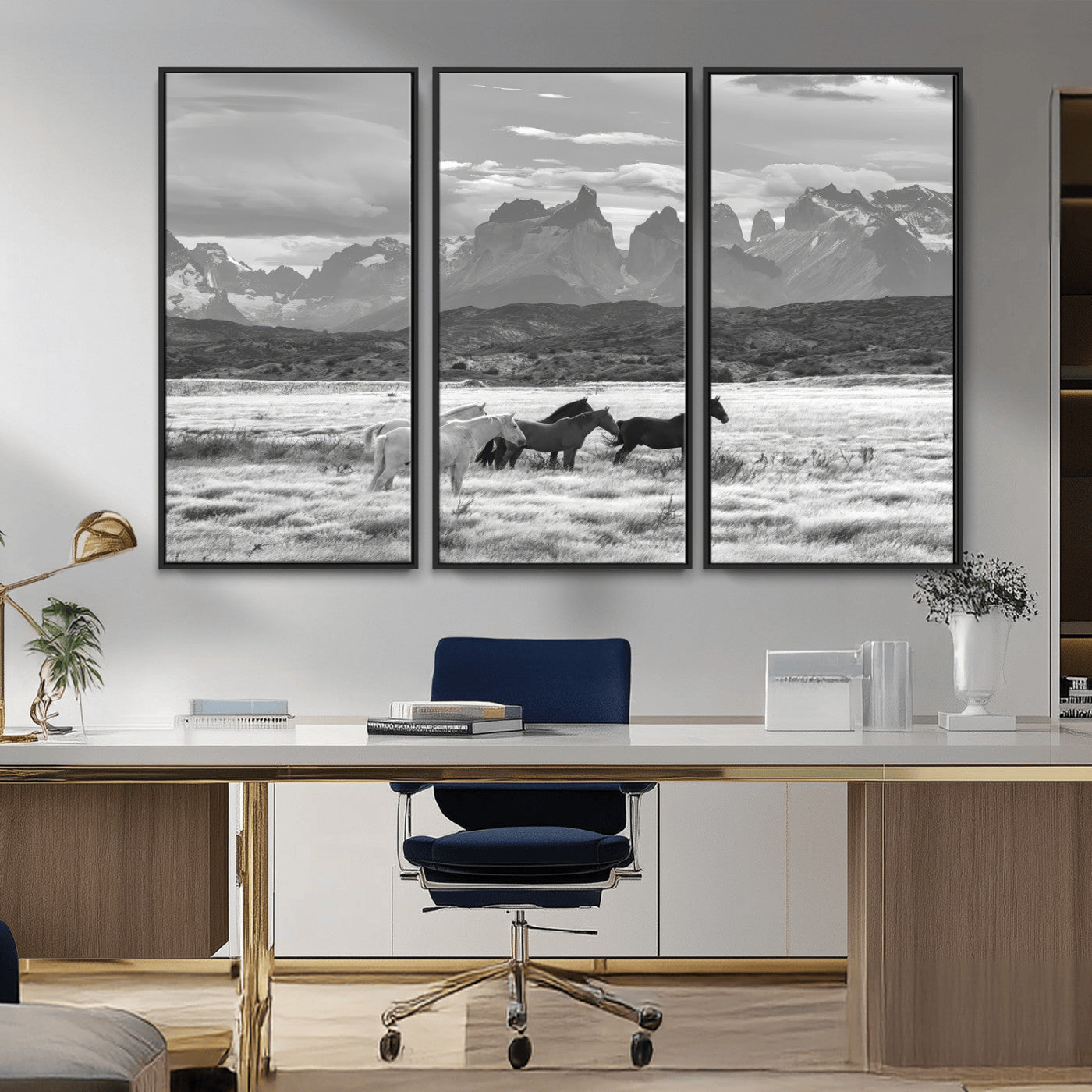 21655040-MGV-CV-36X24-Wild Horses Wall Art Canvas Print, Framed Black White Mountains Art Picture Print, Rustic Countryside Perfect Rustic Western Decor