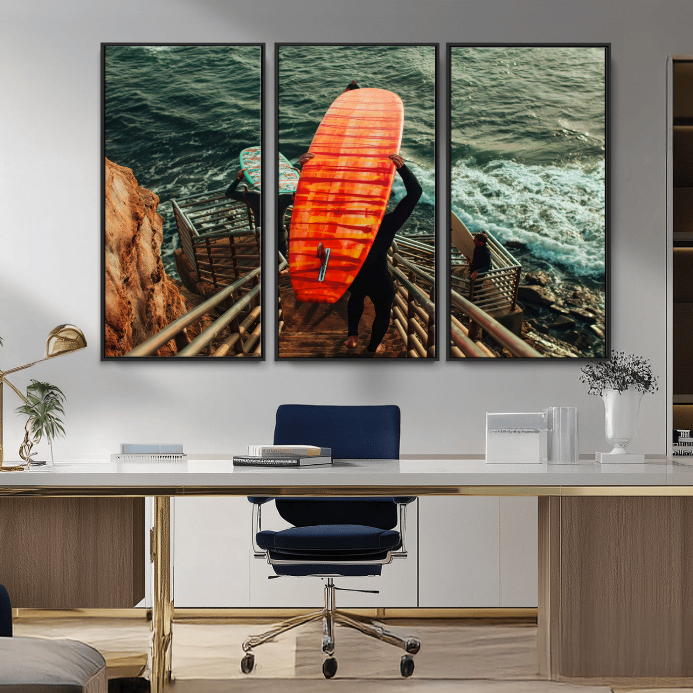 84555848-MGV-CV-36X24-Surfer Stairway Wall Art Canvas Print, Framed Ocean Surf Art Picture Print, Sunset Coastal Perfect Coastal Adventure Decor Artwork