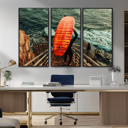 84555848-MGV-CV-36X24-Surfer Stairway Wall Art Canvas Print, Framed Ocean Surf Art Picture Print, Sunset Coastal Perfect Coastal Adventure Decor Artwork