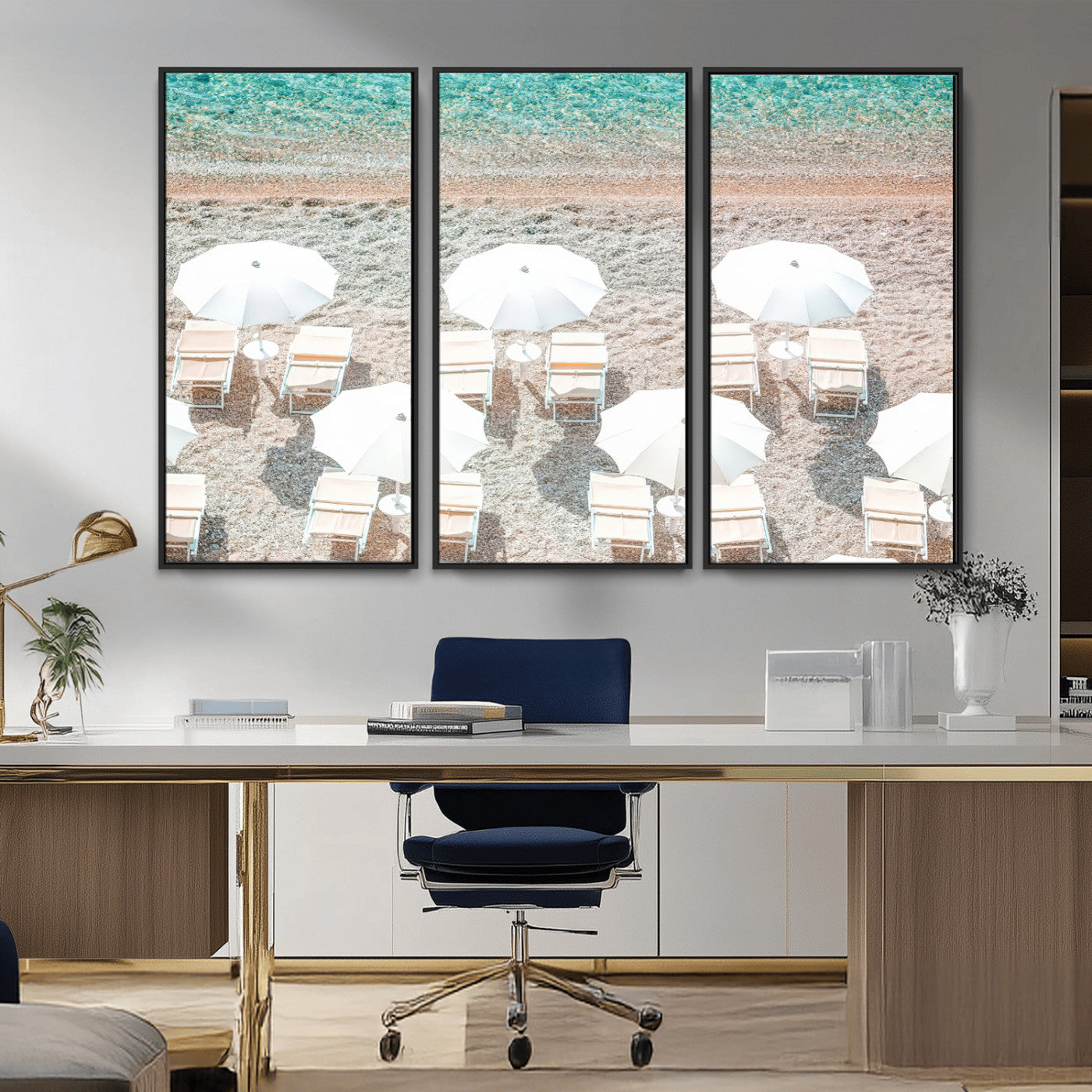 83736167-MGV-CV-36X24-Calm Beach Wall Art Canvas Print, Framed Turquoise Water Art Picture Print, Umbrella Shoreline Perfect Coastal Minimalist Decor