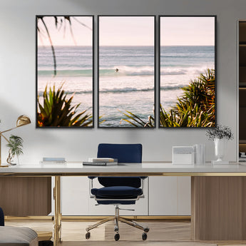 23287092-MGV-CV-36X24-Ocean Surfer Wall Art Canvas Print, Framed Coastal Surf Art Picture Print, Tropical Beach Perfect Tropical Coastal Decor Artwork