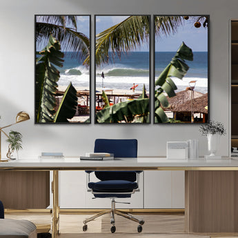 34722557-MGV-CV-36X24-Tropical Shoreline Wall Art Canvas Print, Framed Surfer Beach Art Picture Print, Coastal Surf Perfect Tropical Coastal Decor