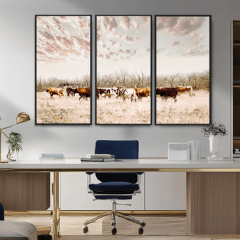 64892775-MGV-CV-36X24-Longhorn Cattle Wall Art Canvas Print, Framed Texas Ranch Art Picture Print, Western Cow Perfect Western Decor Artwork