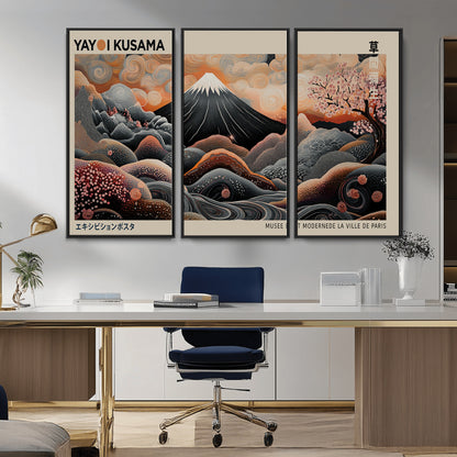 55739266-MGV-FC-48X32-3P_Black-Japanese Wall Art Print – Abstract Yayoi Kusama Inspired Dotted Landscape Poster, Surreal Oriental Mountain and Cherry Blossom