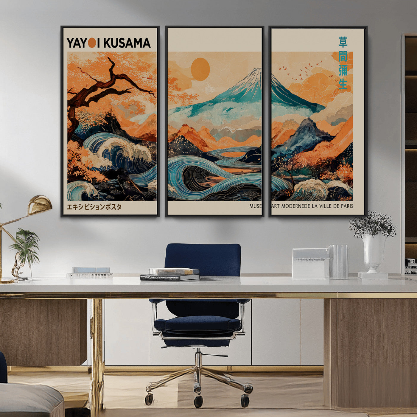 22373530-MGV-FC-48X32-3P_Black-Japanese Mt Fuji Wave Art Print – Ukiyo e Inspired Sun & Cherry Blossom Poster, Traditional Asian Landscape Painting, Modern