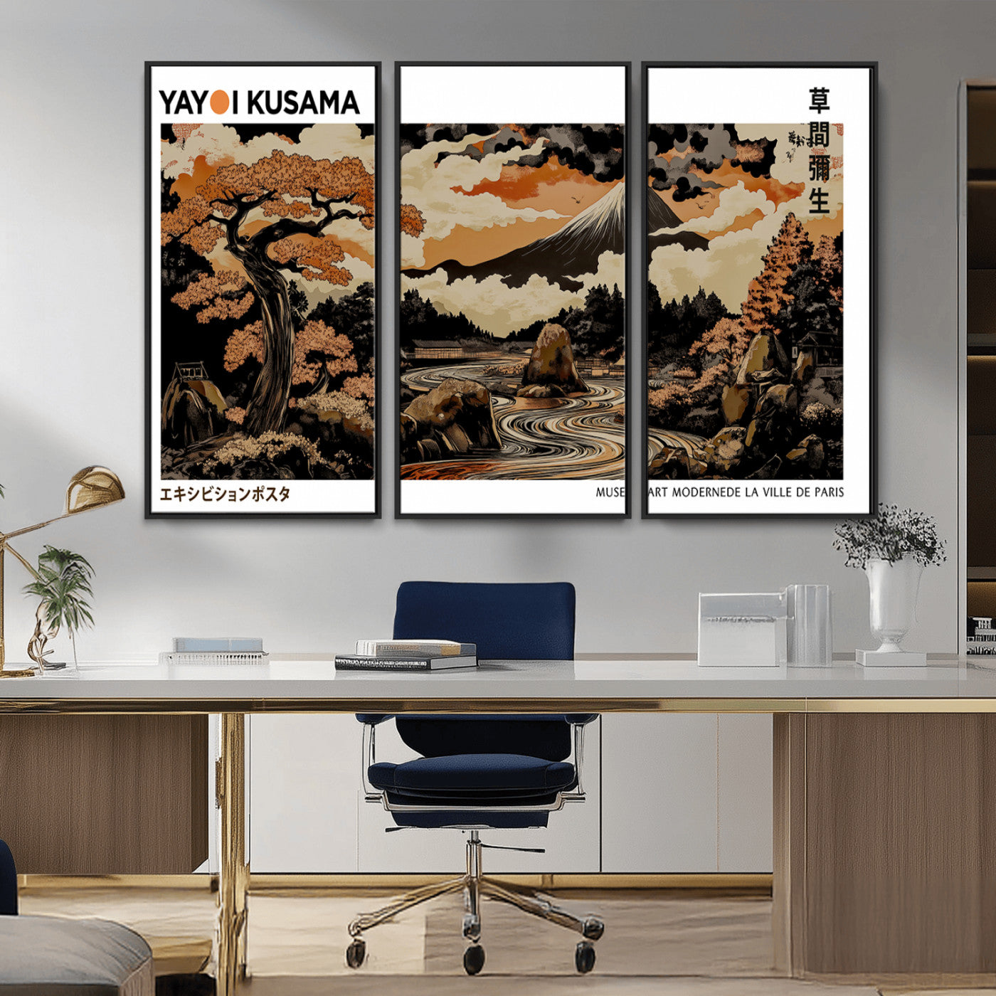 96372548-MGV-CV-36X24-Japanese Landscape Wall Art Print – Mt. Fuji Poster with Bonsai Tree & River, Ukiyo-e Inspired Modern Japanese Artwork, Autumn