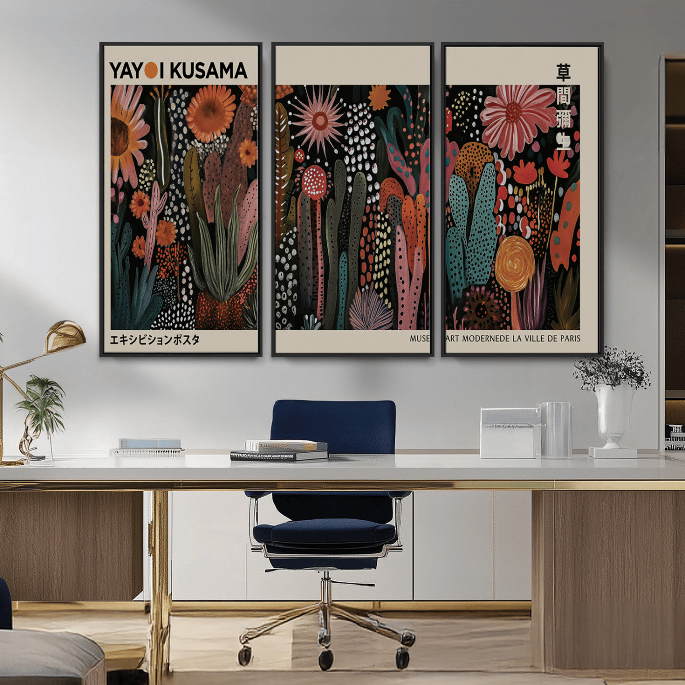28344895-MGV-CV-36X24-Dark Floral Abstract Wall Art Poster – Modern Botanical Canvas Print with Beige Border, Kusama Inspired Boho Flower Painting,