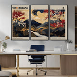 54967195-MGV-FC-48X32-3P_Black-Mount Fuji Wall Art – Japanese Cherry Blossom Abstract Canvas Print, Navy Gold Landscape Painting, Oriental Luxury Home Decor