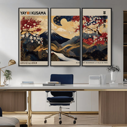 54967195-MGV-FC-48X32-3P_Black-Mount Fuji Wall Art – Japanese Cherry Blossom Abstract Canvas Print, Navy Gold Landscape Painting, Oriental Luxury Home Decor