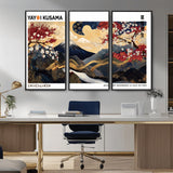 66243961-MGV-FC-48X32-3P_Black-Mount Fuji Japanese Wall Art – Golden Abstract Landscape Canvas Print, Cherry Blossom Painting, Modern Oriental Zen Home Decor
