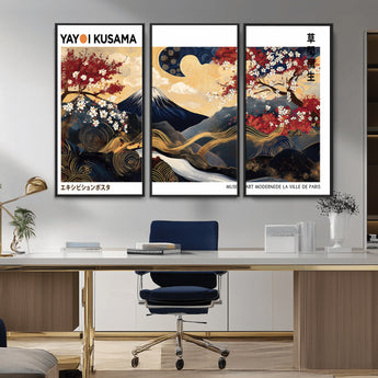 66243961-MGV-FC-48X32-3P_Black-Mount Fuji Japanese Wall Art – Golden Abstract Landscape Canvas Print, Cherry Blossom Painting, Modern Oriental Zen Home Decor