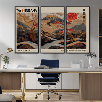 77970791-MGV-CV-36X24-Mount Fuji Golden Abstract Wall Art – Japanese Landscape Canvas Poster, Cherry Blossom & Red Sun Painting, Elegant Zen Oriental