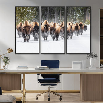 22695857-MGV-FC-48X32-3P_Black-Bison Herd Scene Wall Art Canvas Print, Framed Western Wildlife Art Picture Print, Rustic Animal Art Perfect Rustic Lodge Decor