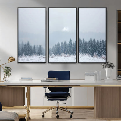 33033082-MGV-CV-36X24-Winter Forest Art Wall Art Canvas Print, Framed Snowy Landscape Art Picture Print, Misty Tree Scene Perfect Nordic Minimalist