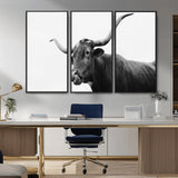 99244177-MGV-FC-48X32-3P_Black-Longhorn Photography Wall Art Canvas Print, Framed Western Cow Decor Art Picture Print, Black White Bull Perfect Modern Rustic