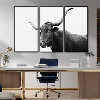 99244177-MGV-FC-48X32-3P_Black-Longhorn Photography Wall Art Canvas Print, Framed Western Cow Decor Art Picture Print, Black White Bull Perfect Modern Rustic