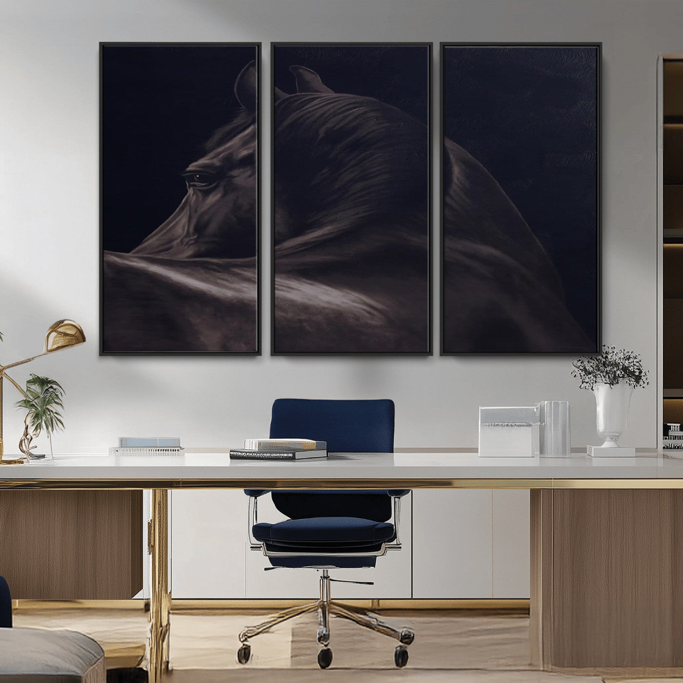 67026880-MGV-CV-36X24-Black Horse Portrait Wall Art Canvas Print, Framed Moody Horse Decor Art Picture Print, Equestrian Wall Style Perfect Masculine