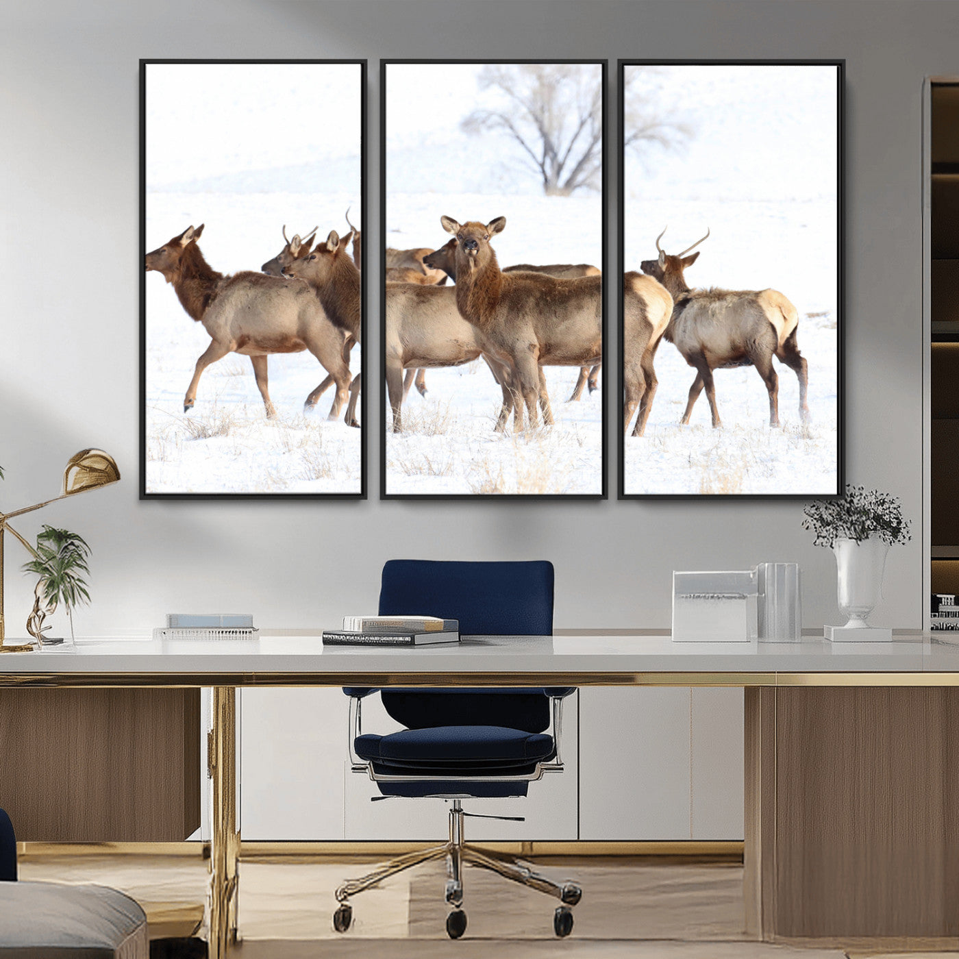 68738684-MGV-CV-36X24-Winter Elk Scene Wall Art Canvas Print, Framed Wildlife Photography Art Picture Print, Snowy Deer Decor Perfect Rustic Lodge Decor