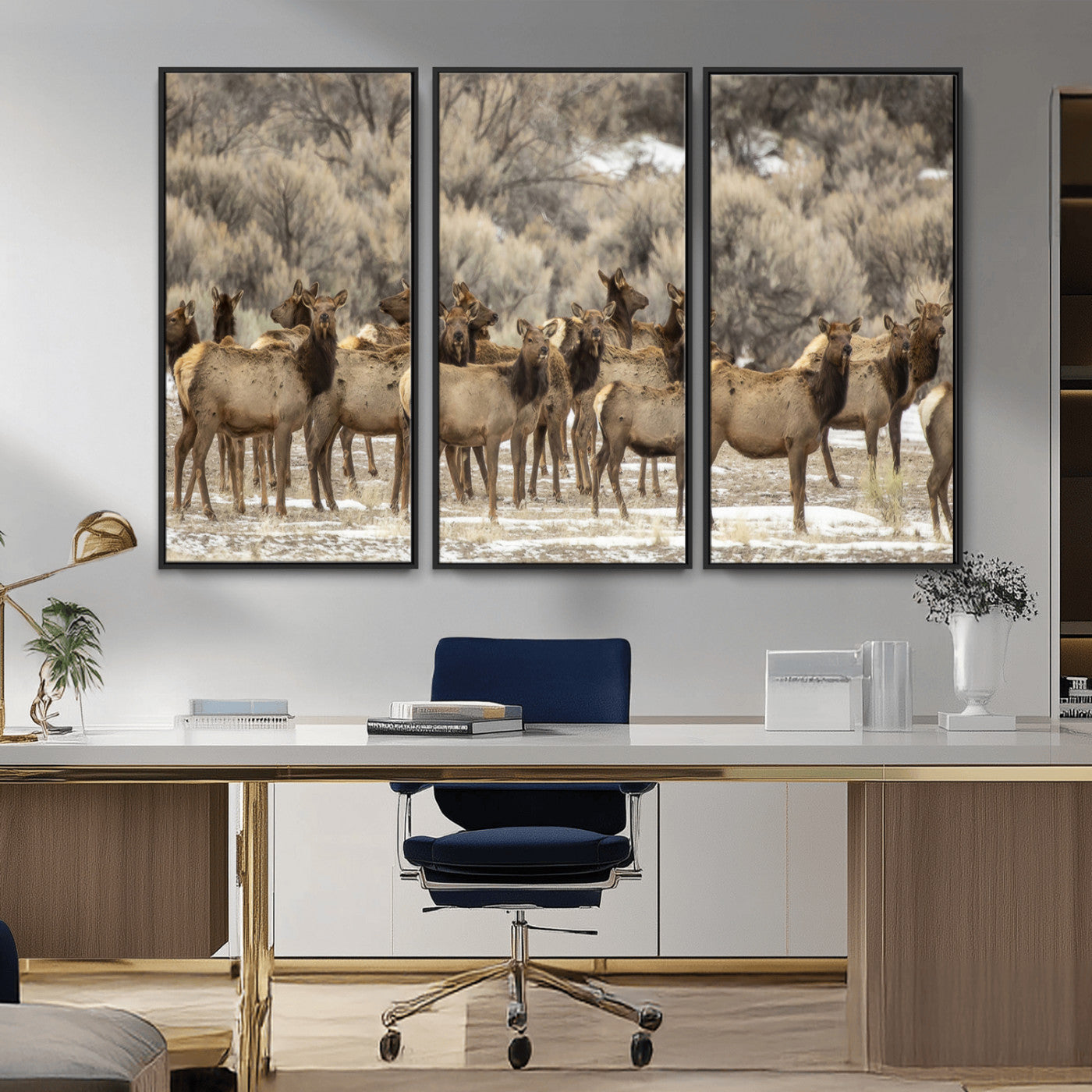 90269422-MGV-CV-36X24-Elk Herd Scene Wall Art Canvas Print, Framed Rustic Wildlife Decor Art Picture Print, Western Cabin Style Perfect Rustic Lodge