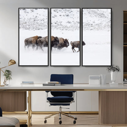 56216945-MGV-CV-36X24-Bison Herd Decor Wall Art Canvas Print, Framed Snowy Bison Scene Art Picture Print, Winter Wildlife Theme Perfect Rustic Western