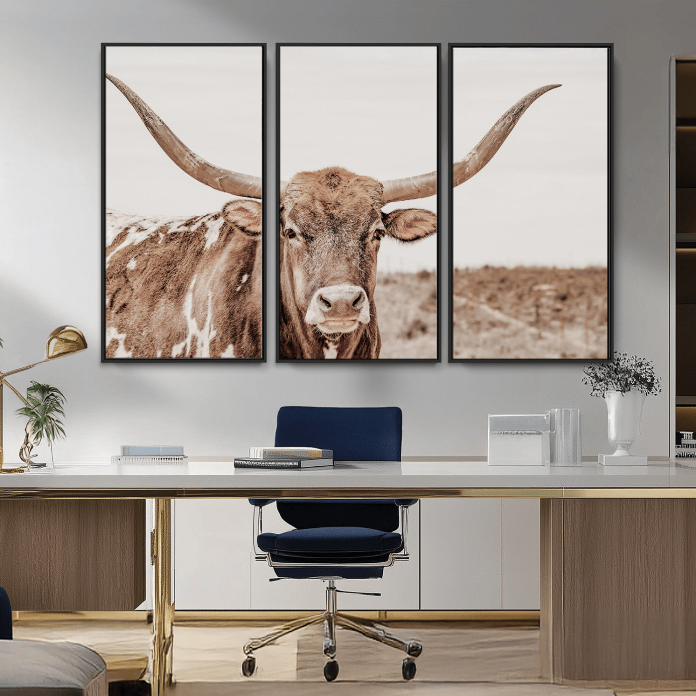 77810049-MGV-CV-36X24-Longhorn Bull Photo Wall Art Canvas Print, Framed Rustic Cow Decor Art Picture Print, Neutral Farmhouse Style Perfect Rustic