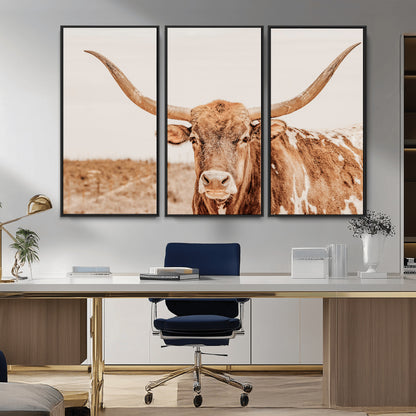 74406977-MGV-CV-36X24-Longhorn Bull Decor Wall Art Canvas Print, Framed Western Cow Theme Art Picture Print, Rustic Farmhouse Wall Perfect Neutral