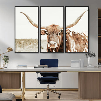 98924580-MGV-CV-36X24-Texas Longhorn Bull Wall Art Canvas Print, Framed Rustic Farmhouse Decor Art Picture Print, Western Animal Theme Perfect Rustic