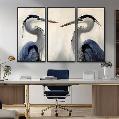 18230556-MGV-FC-48X32-3P_Black-Blue Heron Pair Wall Art Canvas Print, Framed Coastal Bird Theme Art Picture Print, Tranquil Wildlife Scene Perfect Coastal