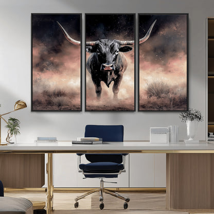 71457818-MGV-CV-36X24-Longhorn Wall Art Wall Art Canvas Print, Framed Western Bull Canvas Art Picture Print, Rustic Cow Decor Perfect Western Dramatic