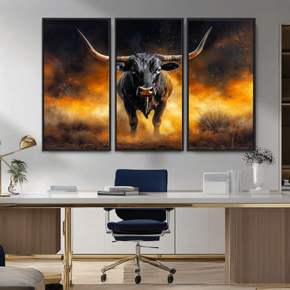 58293979-MGV-FC-48X32-3P_Black-Longhorn Canvas Wall Art Canvas Print, Framed Bold Bull Wall Art Art Picture Print, Western Animal Decor Perfect Western Dramatic