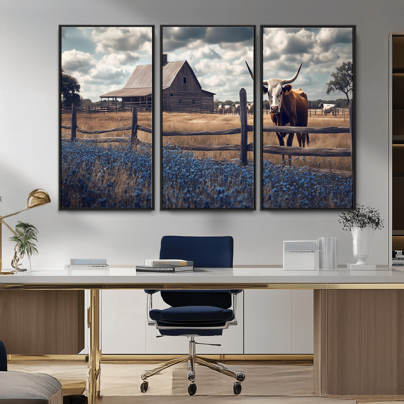 51092814-MGV-CV-36X24-Texas Longhorn Wall Art Wall Art Canvas Print, Framed Rustic Barn Canvas Art Picture Print, Farmhouse Cow Decor Perfect Rustic