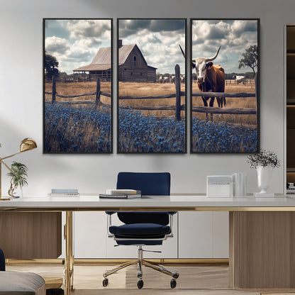 51092814-MGV-CV-36X24-Texas Longhorn Wall Art Wall Art Canvas Print, Framed Rustic Barn Canvas Art Picture Print, Farmhouse Cow Decor Perfect Rustic