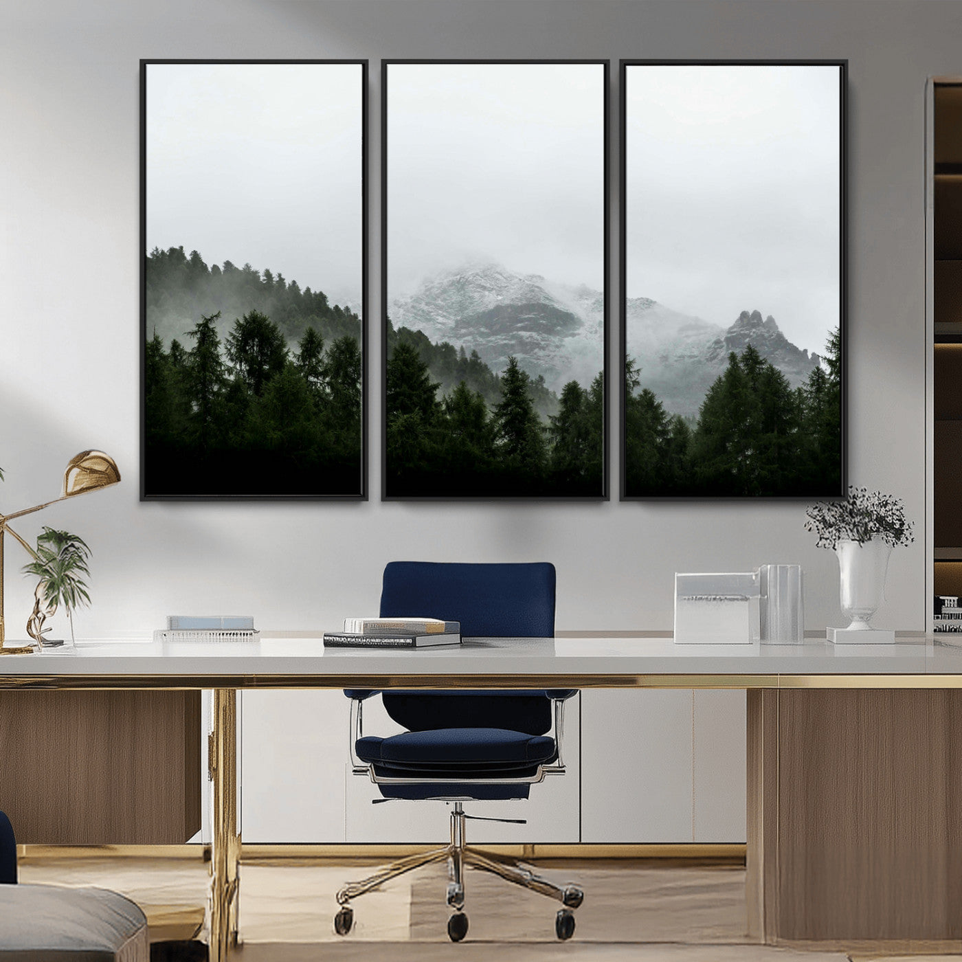 55968349-MGV-CV-36X24-Misty Mountains Wall Art Canvas Print, Framed Foggy Forest Art Picture Print, Snowy Peaks Perfect Moody Wilderness Decor Artwork