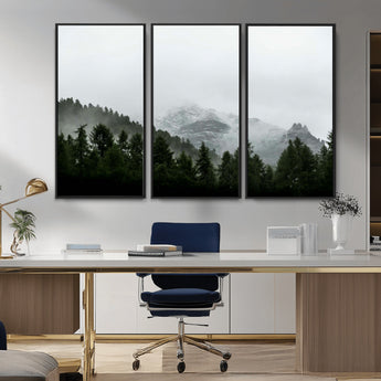 55968349-MGV-CV-36X24-Misty Mountains Wall Art Canvas Print, Framed Foggy Forest Art Picture Print, Snowy Peaks Perfect Moody Wilderness Decor Artwork