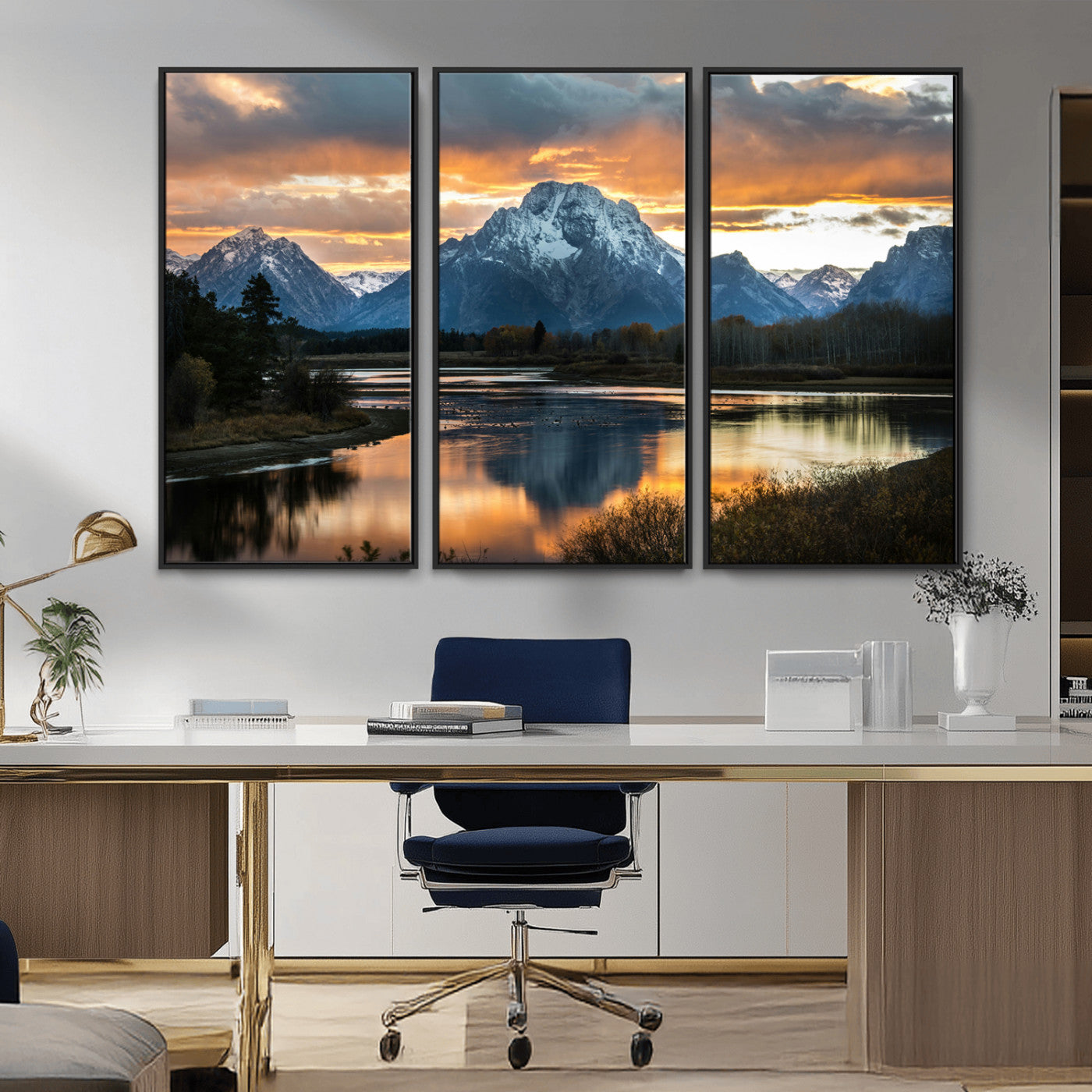 14130176-MGV-FC-48X32-3P_Black-Mountain Sunset Wall Art Canvas Print, Framed Alpine Wilderness Art Picture Print, Golden Hour Perfect Rustic Wilderness Decor