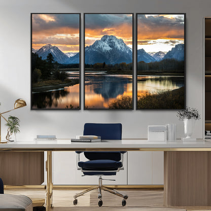14130176-MGV-FC-48X32-3P_Black-Mountain Sunset Wall Art Canvas Print, Framed Alpine Wilderness Art Picture Print, Golden Hour Perfect Rustic Wilderness Decor