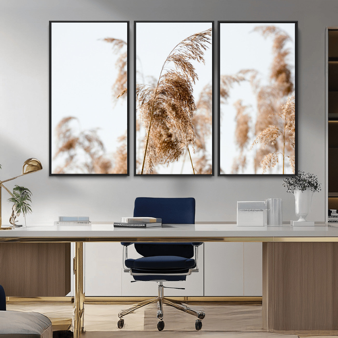 17019393-MGV-FC-48X32-3P_Black-Pampas Grass Wall Art Canvas Print, Framed Neutral Tones Art Picture Print, Minimalist Nature Perfect Boho Minimalist Decor