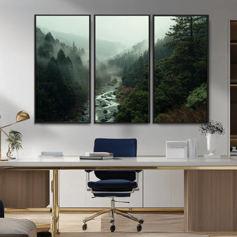 48497565-MGV-FC-48X32-3P_Black-Misty Forest Wall Art Canvas Print, Framed Foggy River Art Picture Print, Moody Landscape Perfect Moody Wilderness Decor Artwork