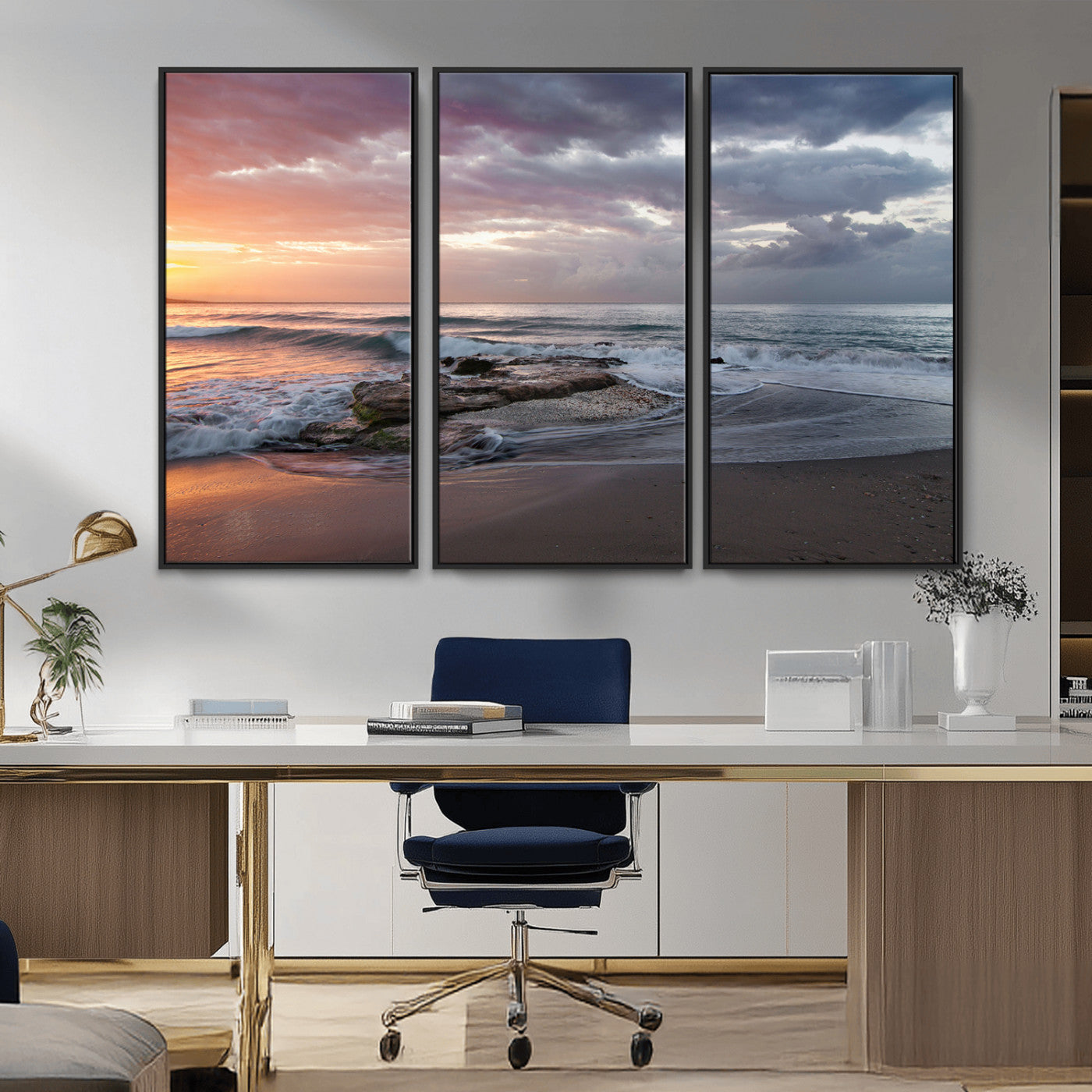94208089-MGV-FC-48X32-3P_Black-Golden Hour Wall Art Canvas Print, Framed Tranquil Waves Art Picture Print, Beach Horizon Perfect Coastal Serenity Decor Artwork