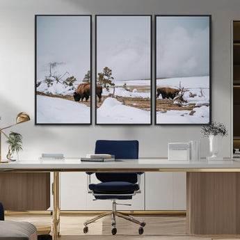 60308289-MGV-FC-48X32-3P_Black-Bison Wildlife Wall Art Canvas Print, Framed Snowy Prairie Art Picture Print, Western Landscape Perfect Rustic Winter Decor