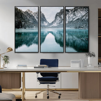 73098373-MGV-FC-48X32-3P_Black-Mountain Lake Wall Art Canvas Print, Framed Winter Wonderland Art Picture Print, Snowy Peaks Perfect Modern Nature Decor Artwork