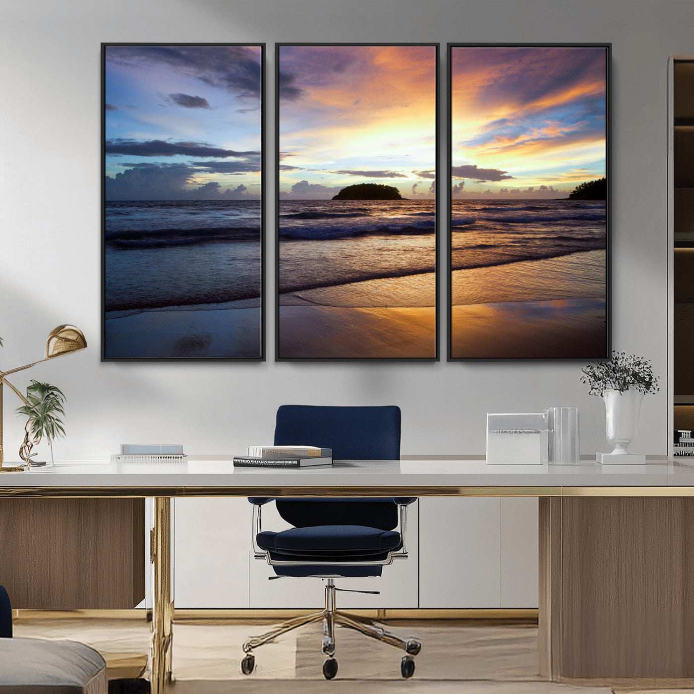 36714356-MGV-CV-36X24-Beach Sunset Wall Art Canvas Print, Framed Ocean Waves Art Picture Print, Tropical Seascape Perfect Coastal Serenity Decor Artwork