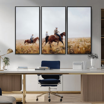 94723307-MGV-FC-48X32-3P_Black-Western Cowboys Wall Art Canvas Print, Framed Rustic Prairie Art Picture Print, Horseback Riding Perfect Rustic Western Decor