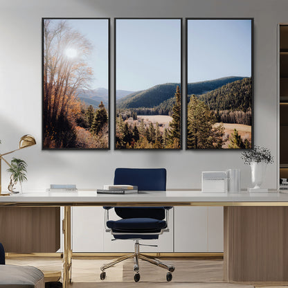 52941305-MGV-FC-48X32-3P_Black-Rustic Landscape Wall Art Canvas Print, Framed Serene Valley Art Picture Print, Pine Tree Horizon Perfect Rustic Cabin Decor