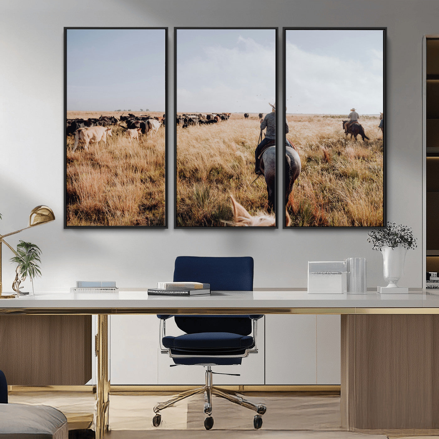 22431577-MGV-CV-36X24-Western Wall Art Wall Art Canvas Print, Framed Cowboy Canvas Art Picture Print, Cattle Drive Scene Perfect Rustic Western Decor