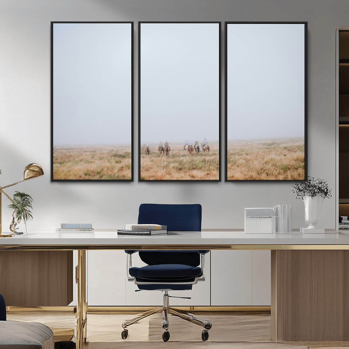 14761944-MGV-CV-36X24-Foggy Plains Wall Art Canvas Print, Framed Horseback Riders Art Picture Print, Rustic Western Perfect Rustic Western Decor Artwork