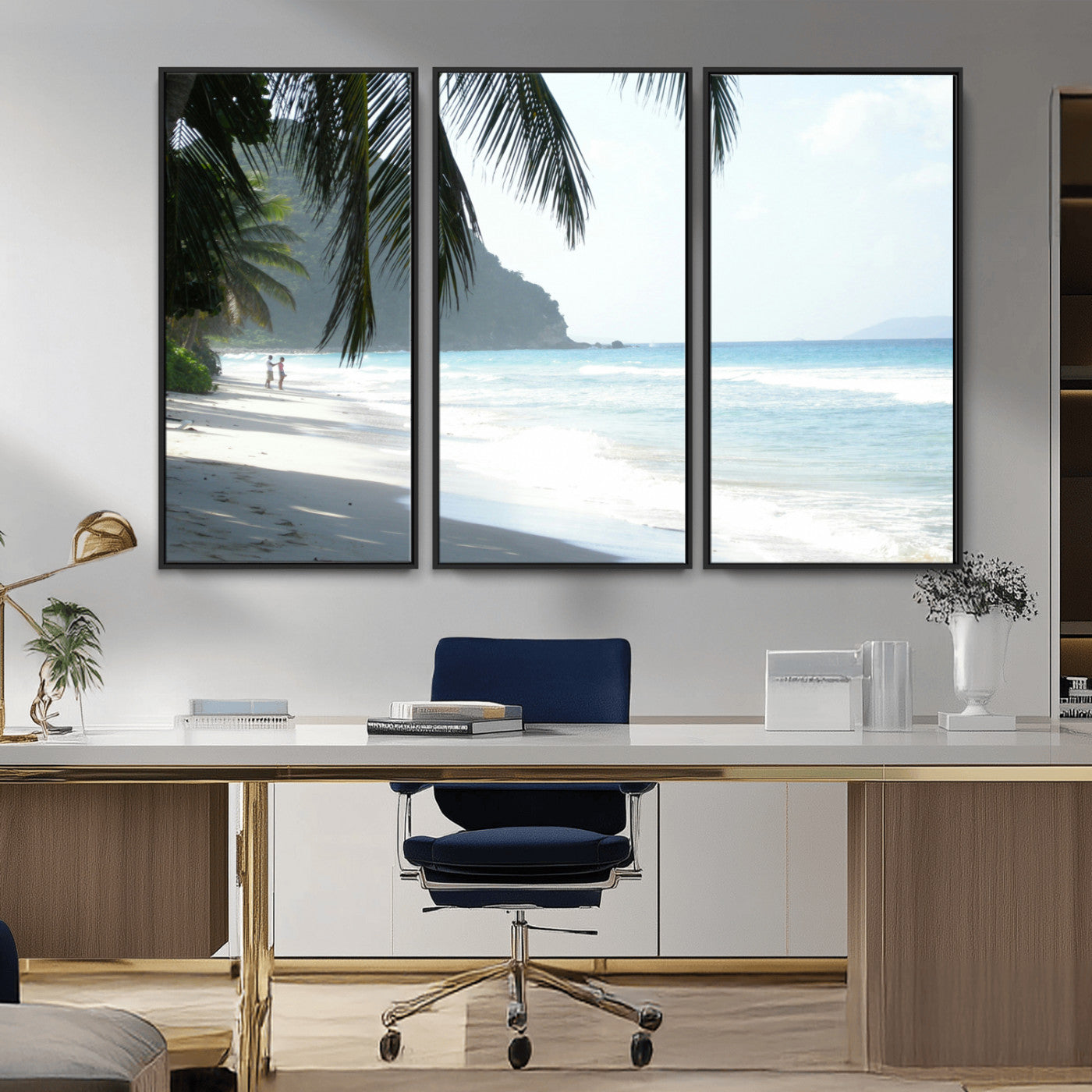 18311030-MGV-FC-48X32-3P_Black-Tropical Beach Wall Art Canvas Print, Framed Serene Ocean Art Picture Print, Palm Tree Shadows Perfect Tropical Coastal Decor