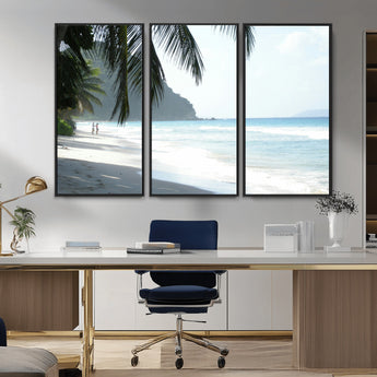 18311030-MGV-FC-48X32-3P_Black-Tropical Beach Wall Art Canvas Print, Framed Serene Ocean Art Picture Print, Palm Tree Shadows Perfect Tropical Coastal Decor